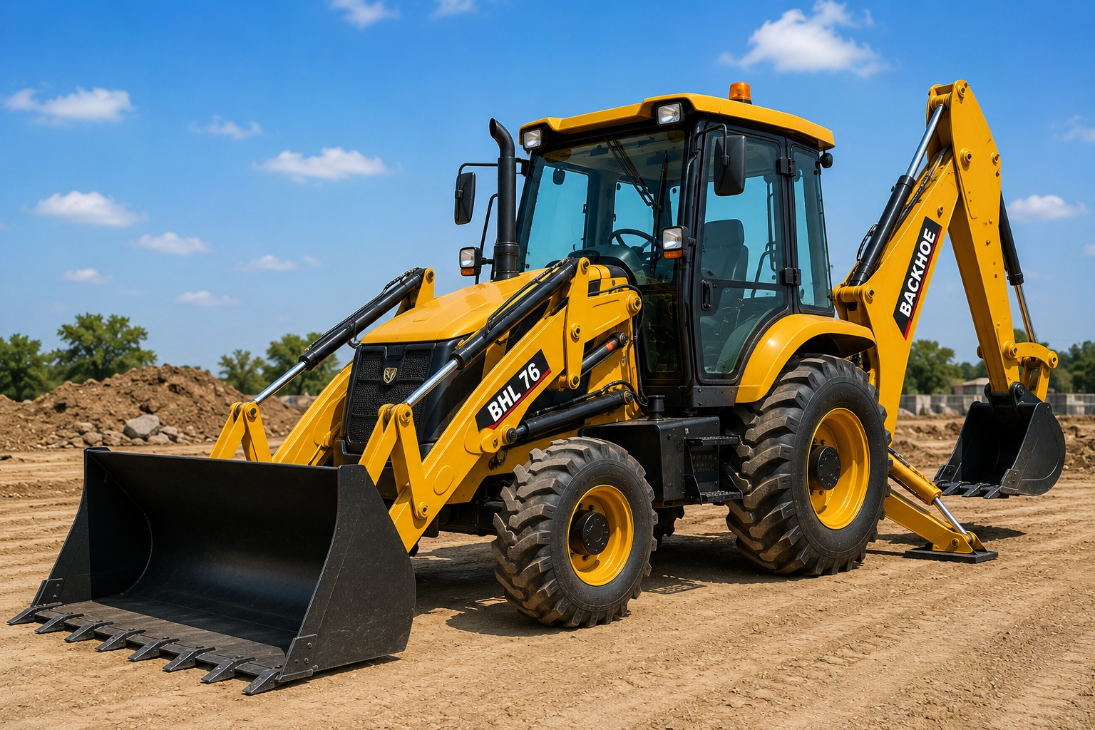 Simas BHL 76 backhoe loader with front loading bucket and rear excavator arm on an earthworks site