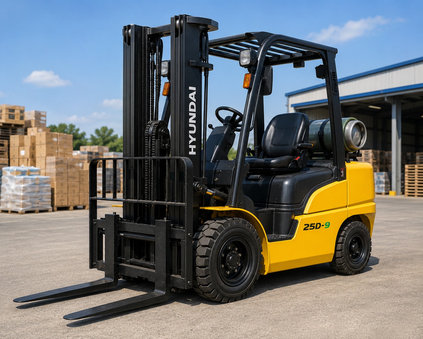 Diesel counterbalance forklift truck, model 25D-9, with duplex mast at a warehouse loading bay