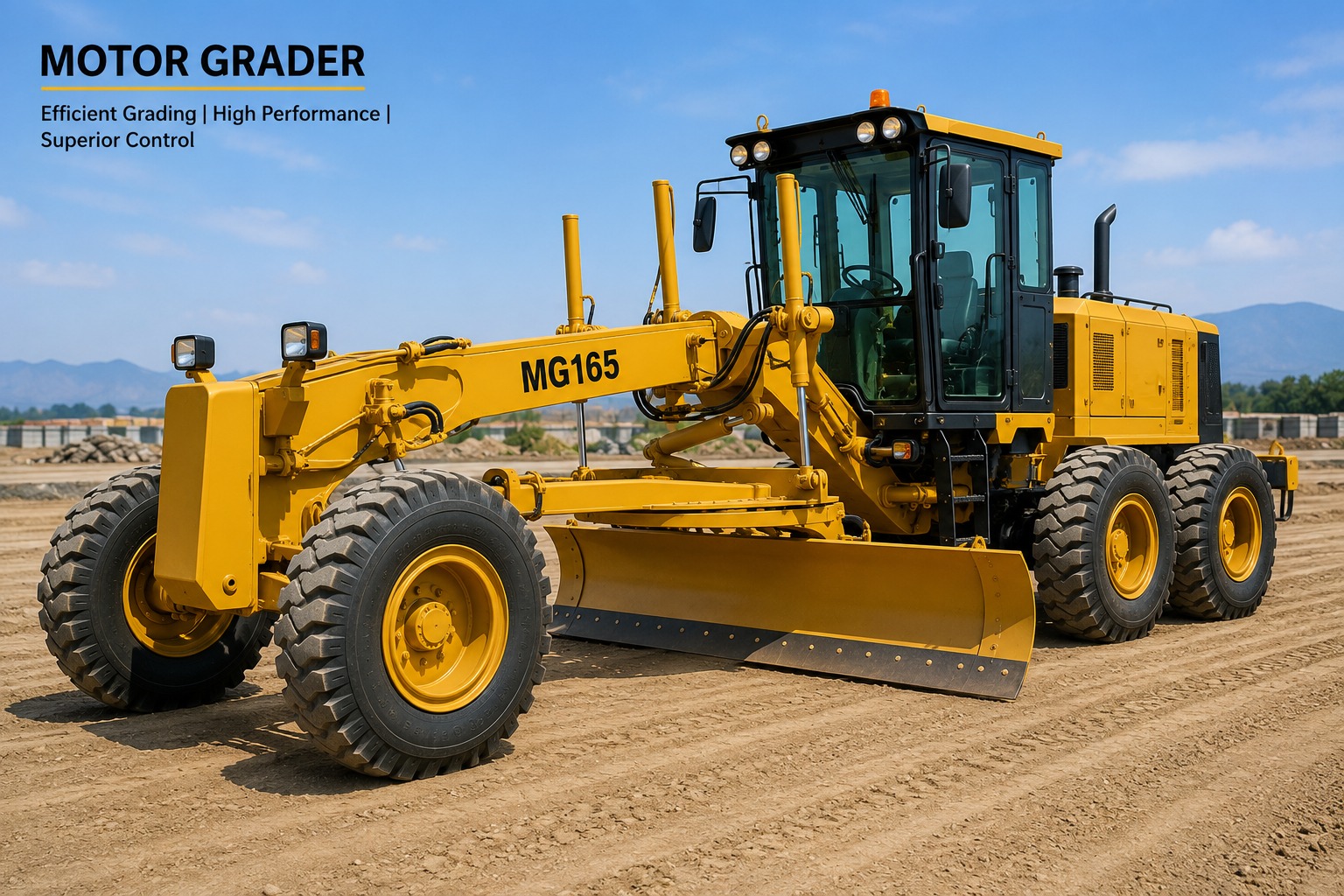 Simas MG165 motor grader with mouldboard lowered, levelling a compacted earth site