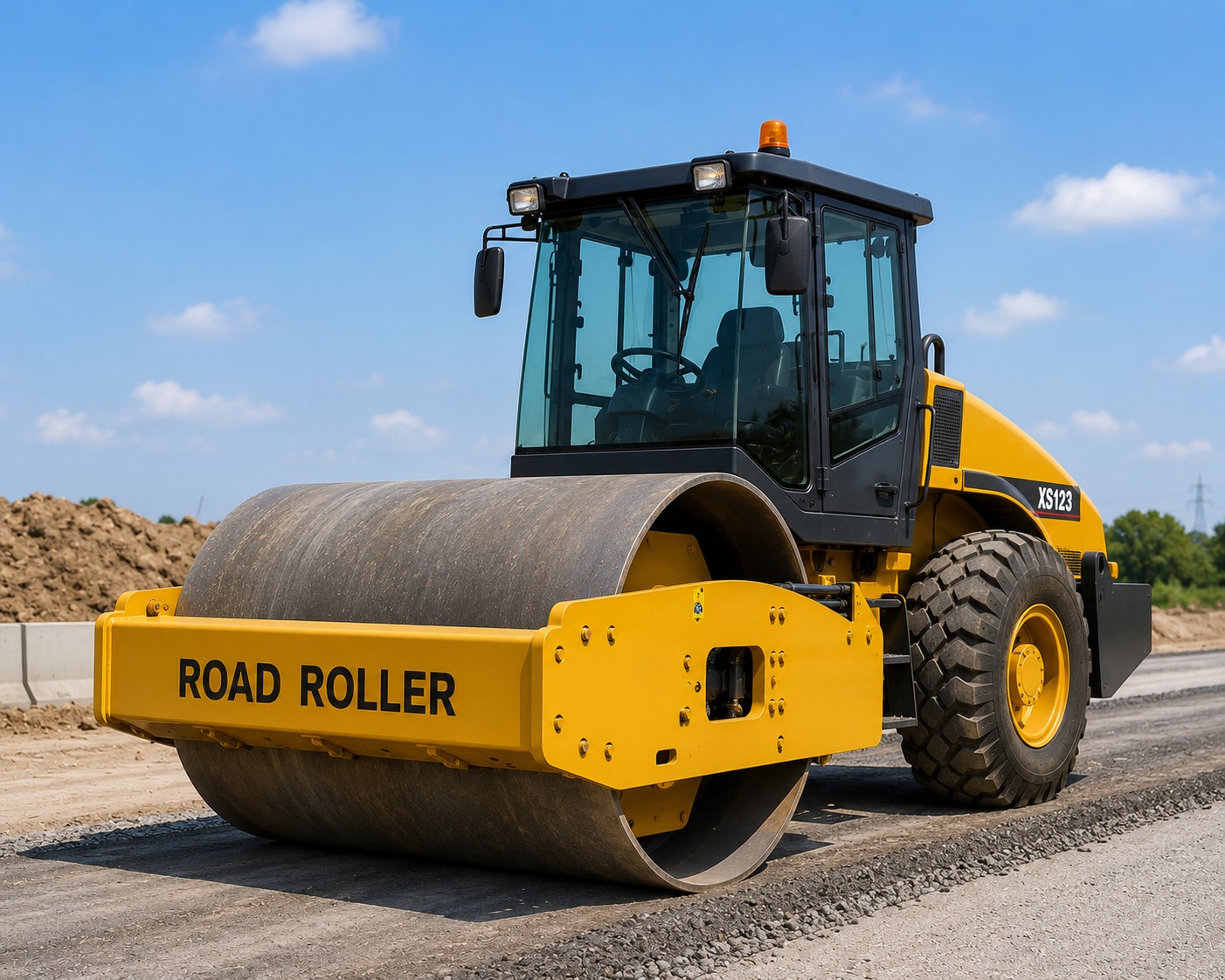 Simas XS123 single-drum vibratory road roller compacting a gravel road base