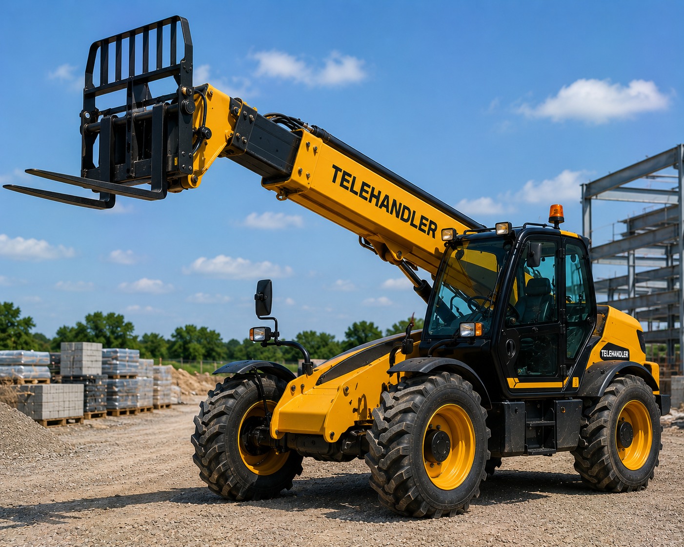 Simas telehandler with telescopic boom extended and pallet forks raised on a building site